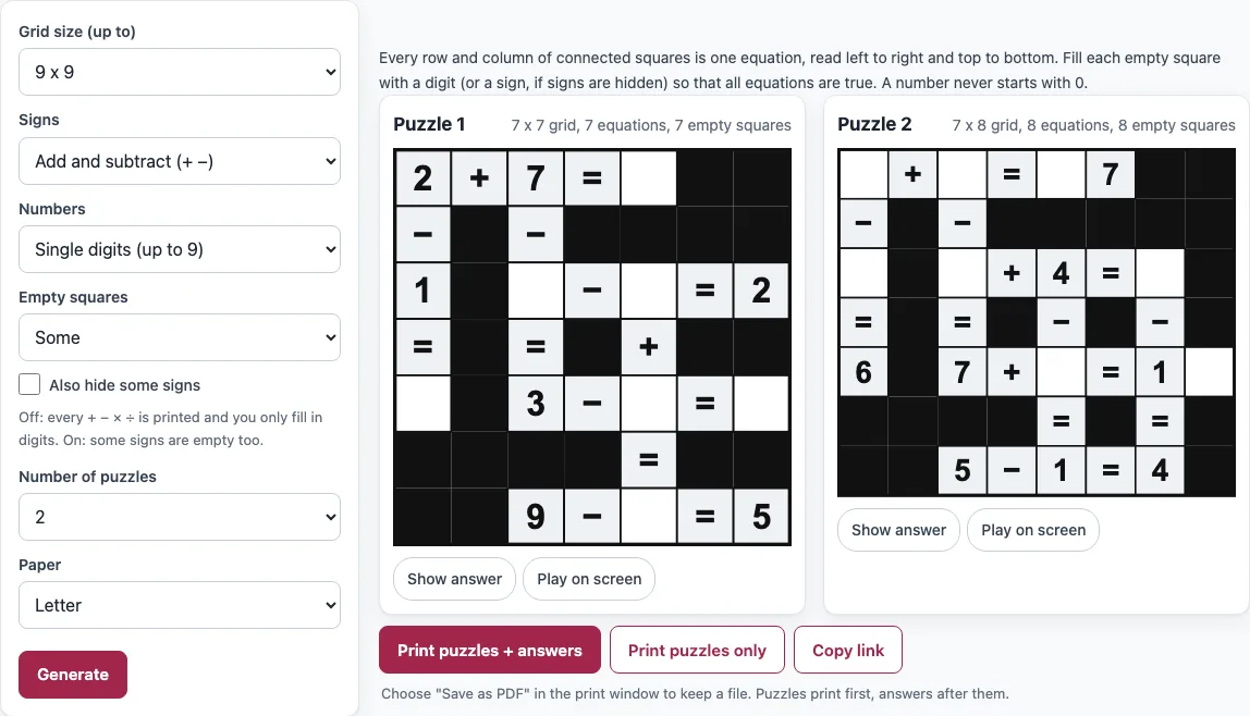 Math crossword example